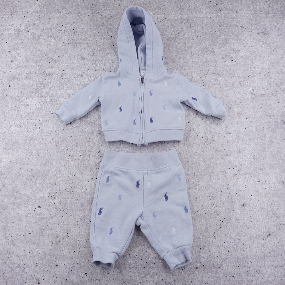 Polo Ralph Lauren Baby 3M Light Blue All Over Pony Logo Zip Hoodie & Pants Set
